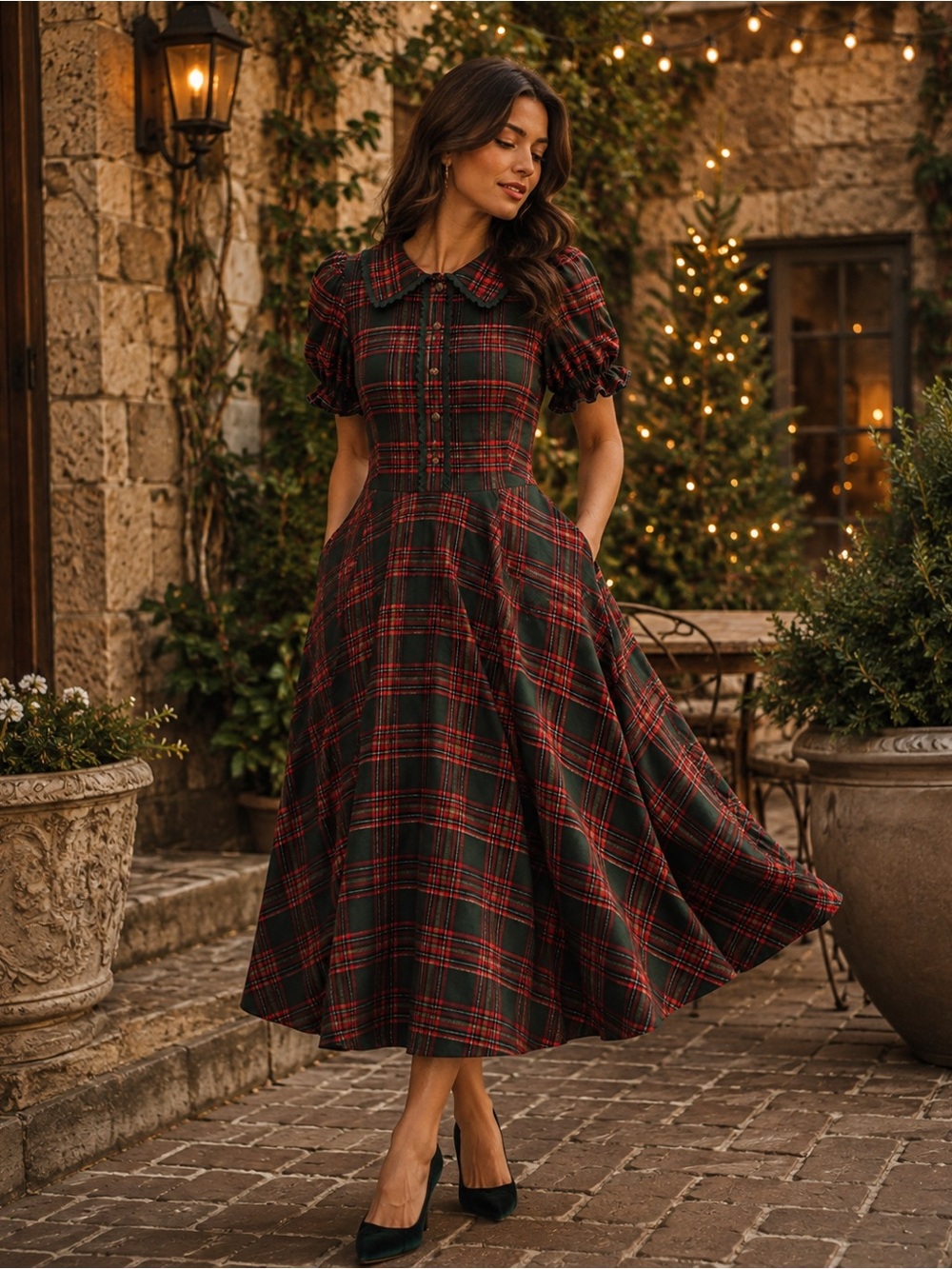 Ivy City Co Sophia Evergreen Plaid Christmas Holiday Midi Dress Size 2